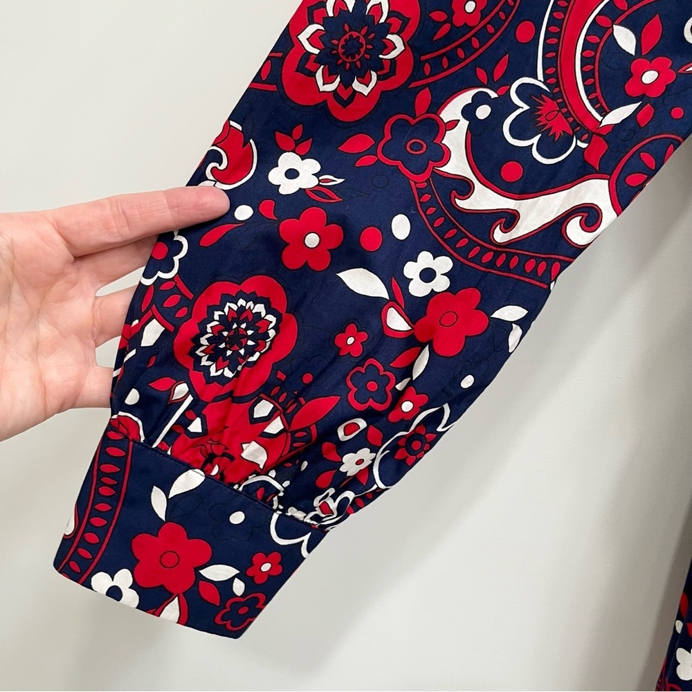 Talbots Picnic Paisley Poplin Shirtdress Navy Blue Red Belted Long Sleeve 16P - Picture 7 of 13